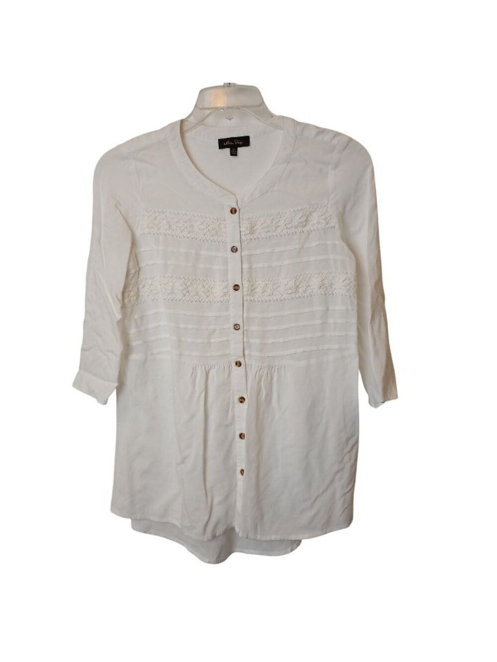 Melissa Paige Womens M White Button Blouse W/Lace  3/4 Sleeves 100% Viscose #D35